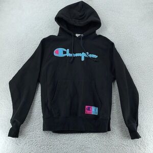 Champion Reverse Weave Hoodie Mens FITS S Black Chenille Script‎ Logo Pullover